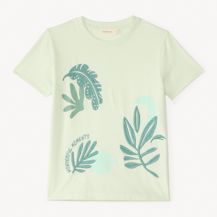T-shirt manches courtes broderie feuilles tropicales pour garçon