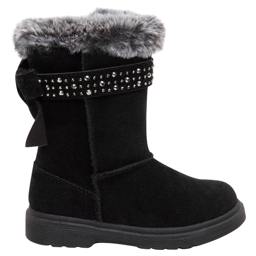 Bottes effet cuir suédé avec bande à strass et col en fausse fourrure 