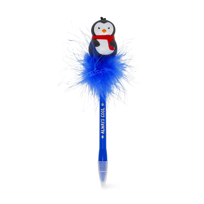 Stylo bille à plumes avec pingouin lumineux bleu 