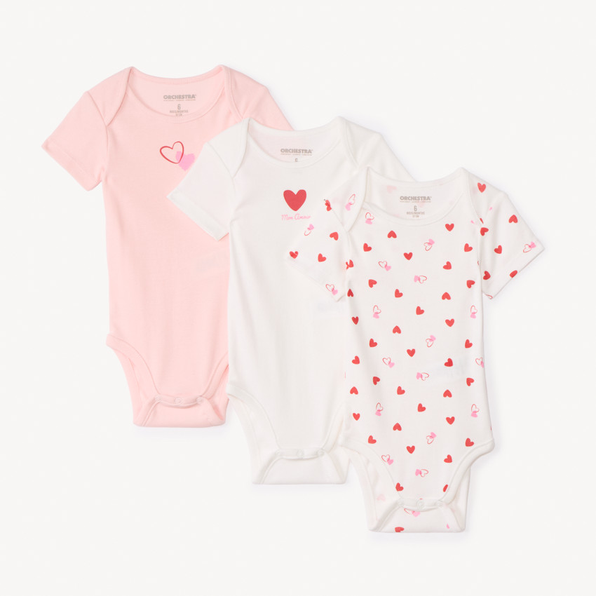 Lot de 3 bodies manches courtes fantaisie cœurs pour bébé fille