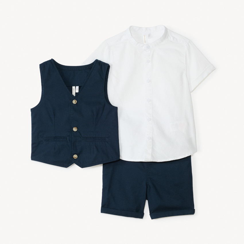 Ensemble court 3 pièces chemise manches courtes + gilet + bermuda pour bébé garçon 