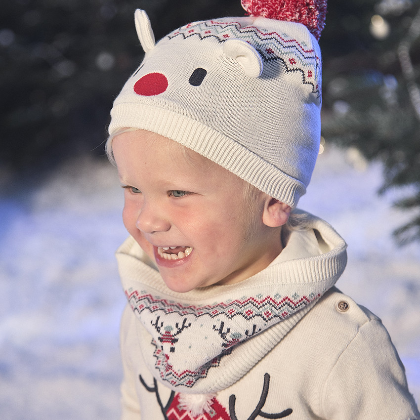 Ensemble bonnet ludique + snood en tricot de Noël pour bébé  