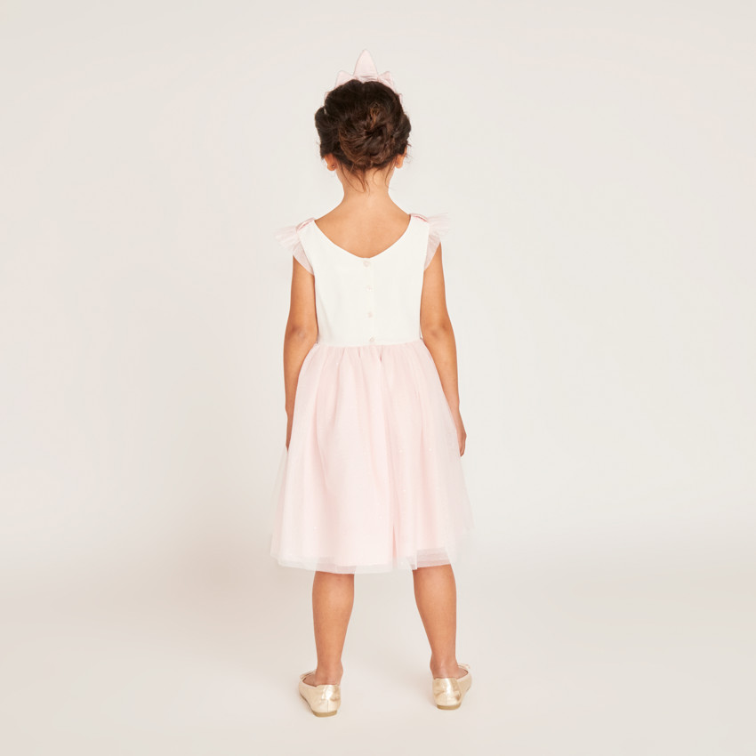 Robe bi-matière avec sa cape en tulle et sa couronne pour fille 