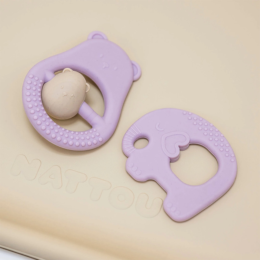 Hochet de dentition en silicone Maman ours et bébé lilas