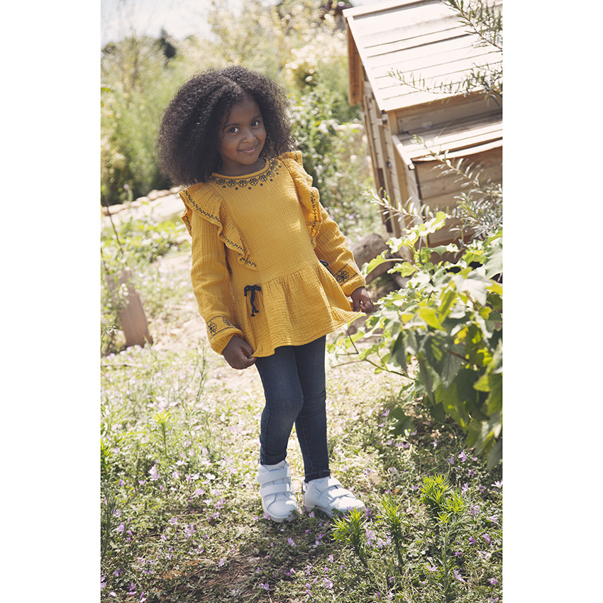 Tunique manches longues jaune en gaze de coton pour enfant fille 