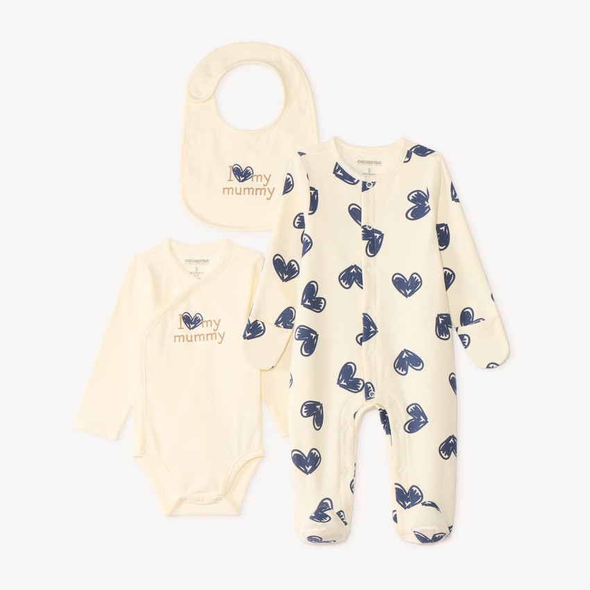 Set de naissance 3 pièces avec dors-bien motif cœurs