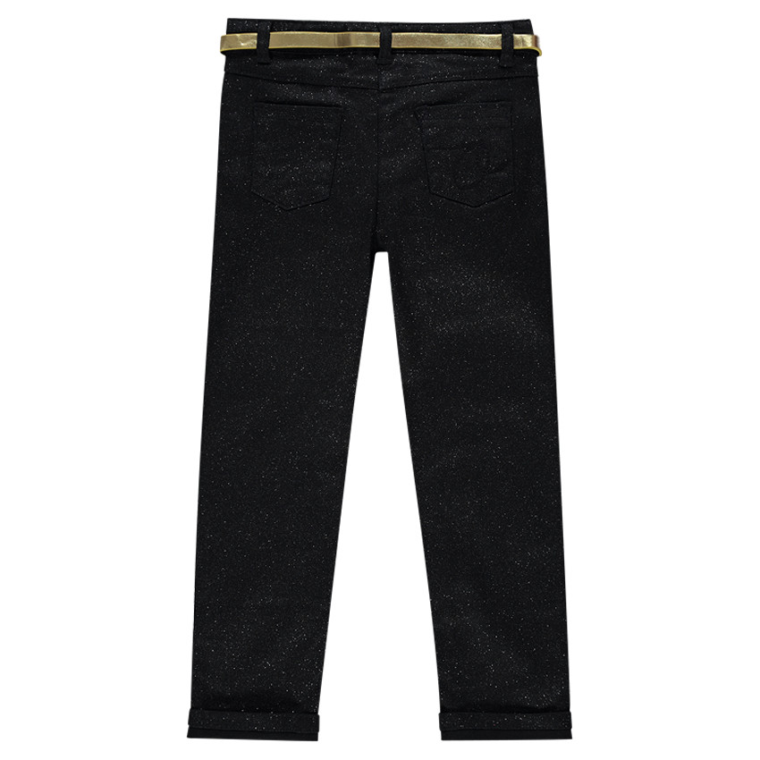 Pantalon slim à paillettes et ceinture dorée 