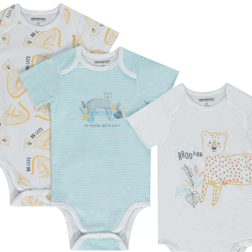 Lot de 7 bodies manches courtes motifs félins pour bébé garçon avec ouvertures différentes selon l'âge 