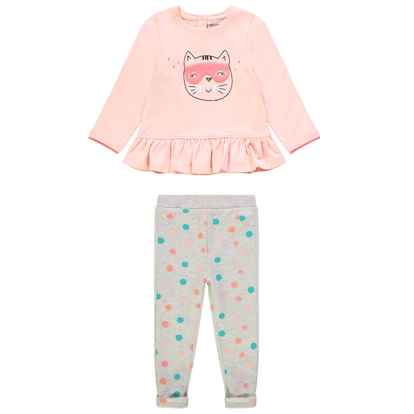 Ensemble avec tunique volantée print chat ludique et pantalon à pois 