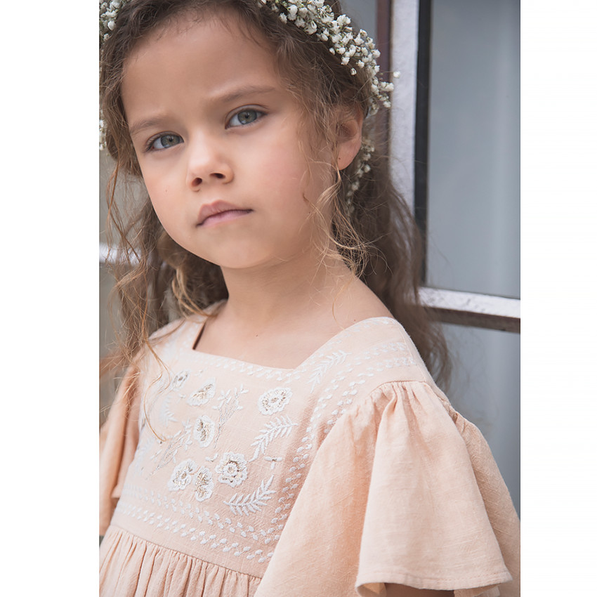 Robe de cérémonie manches courtes volantées et broderies pour fille 