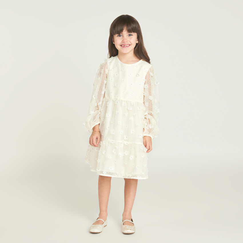 Robe à manches longues en toile avec fleurs 3D pour fille 