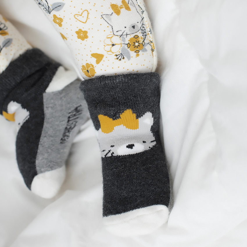 Lot de 2 paires de chaussettes assorties avec coeurs et chat en jacquard 