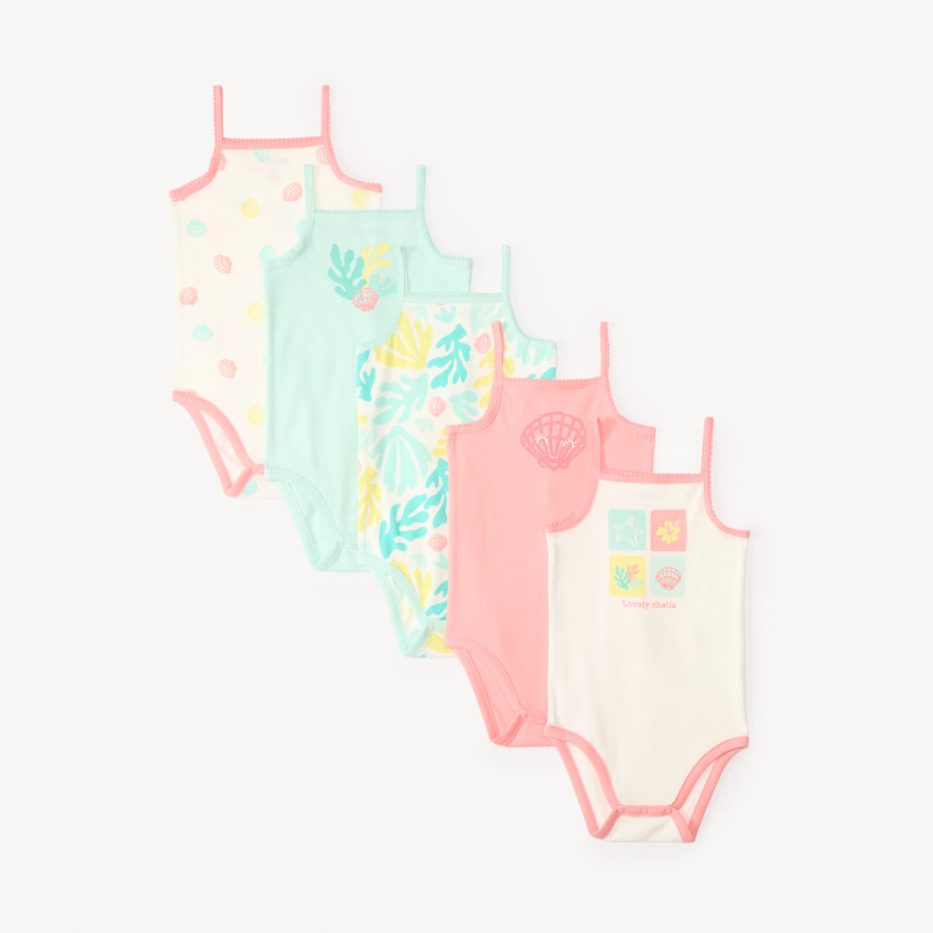 Lot de 5 bodies débardeurs à motifs plage pour bébé fille