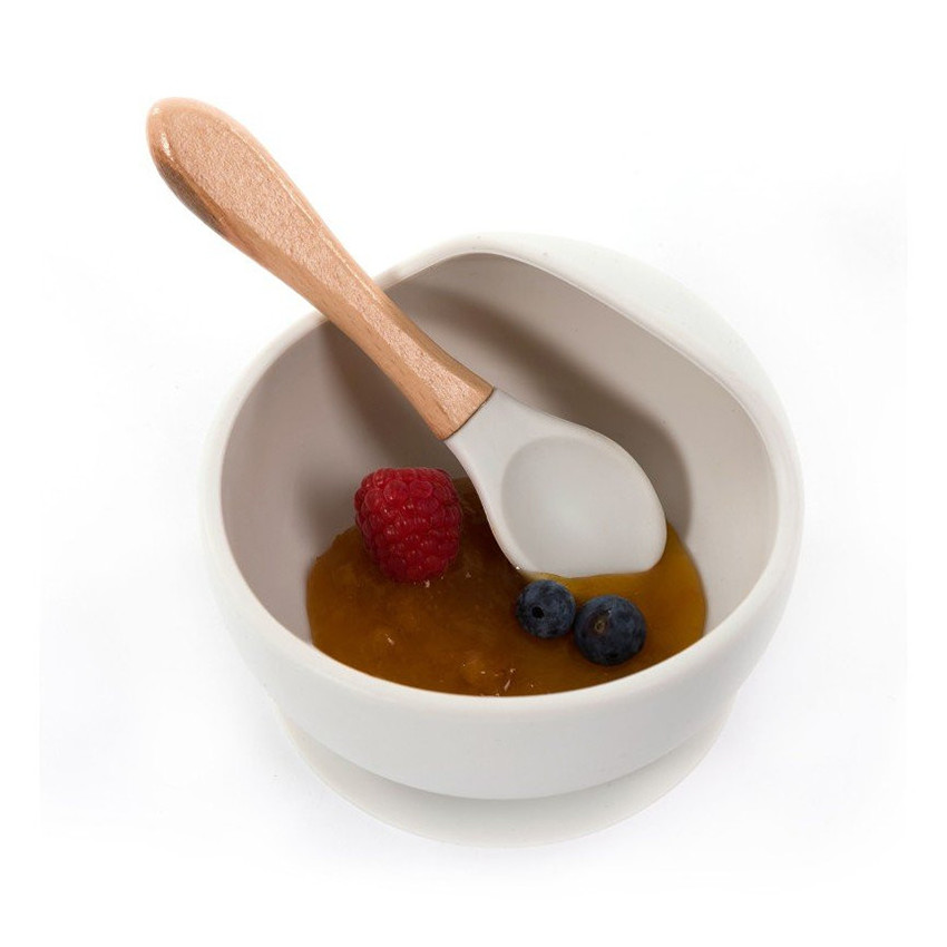 Bol en silicone avec ventouse + cuillère en bois Gris 