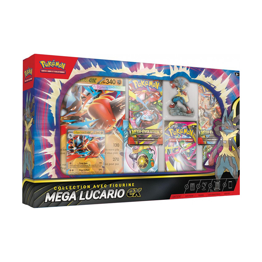 Coffret premium Pokémon 5 boosters + figurine Méga Lucario EX 