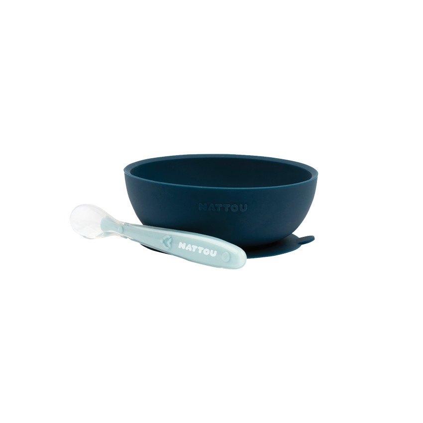 Ensemble bol + cuillère en silicone - Bleu marine 