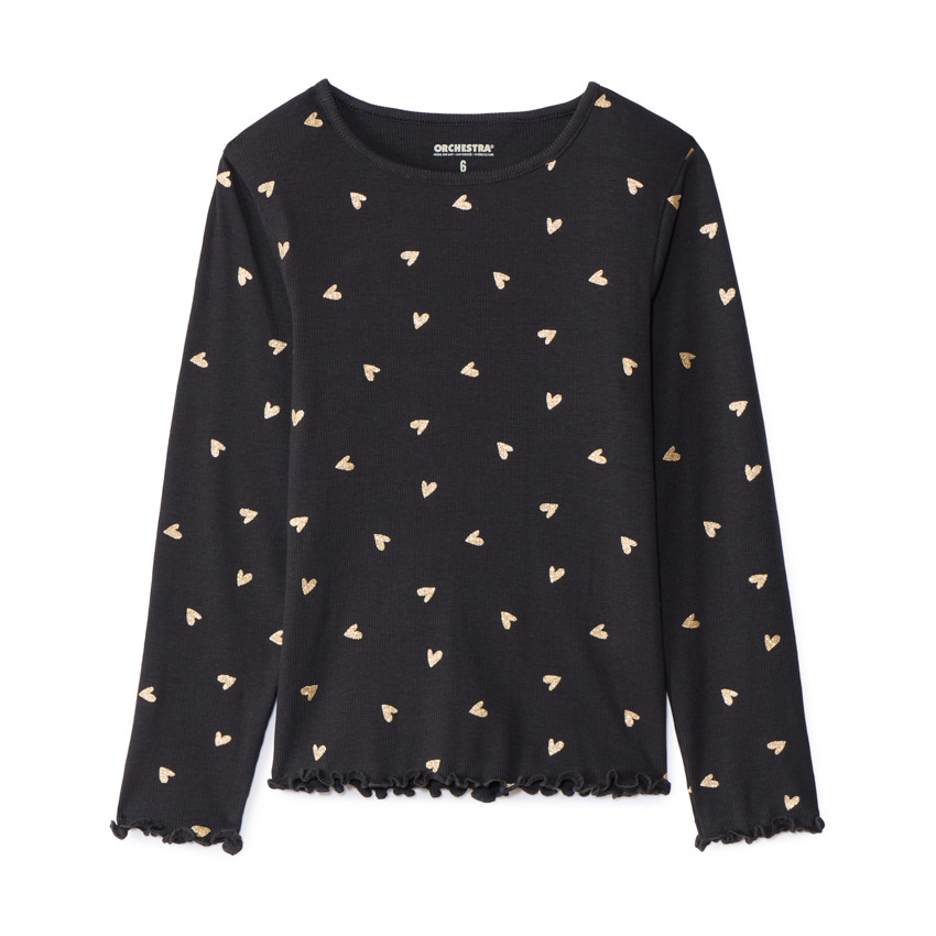 T-shirt manches longues côtelé imprimé cœurs pailletés pour fille 