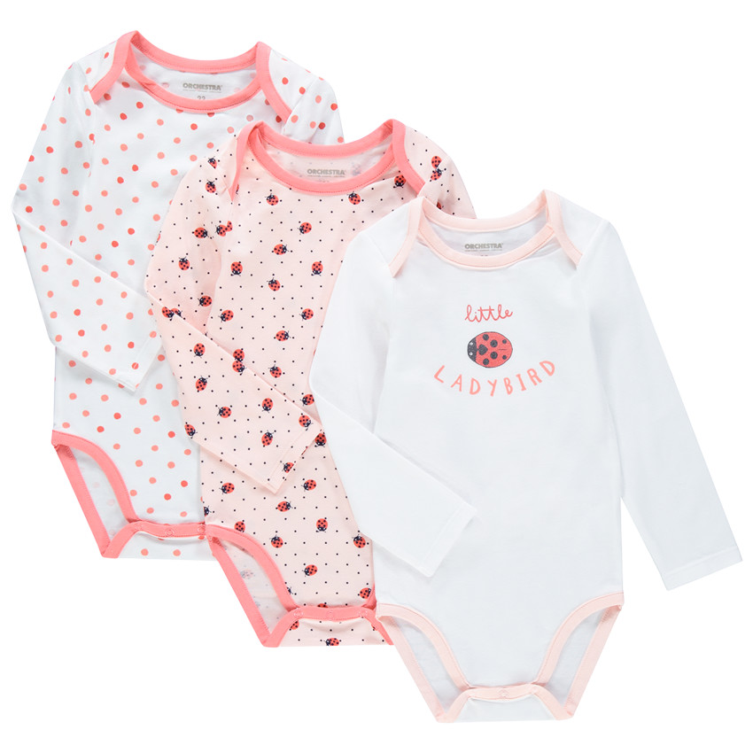 Lot de 3 bodies manches longues motif coccinelles pour bébé fille 