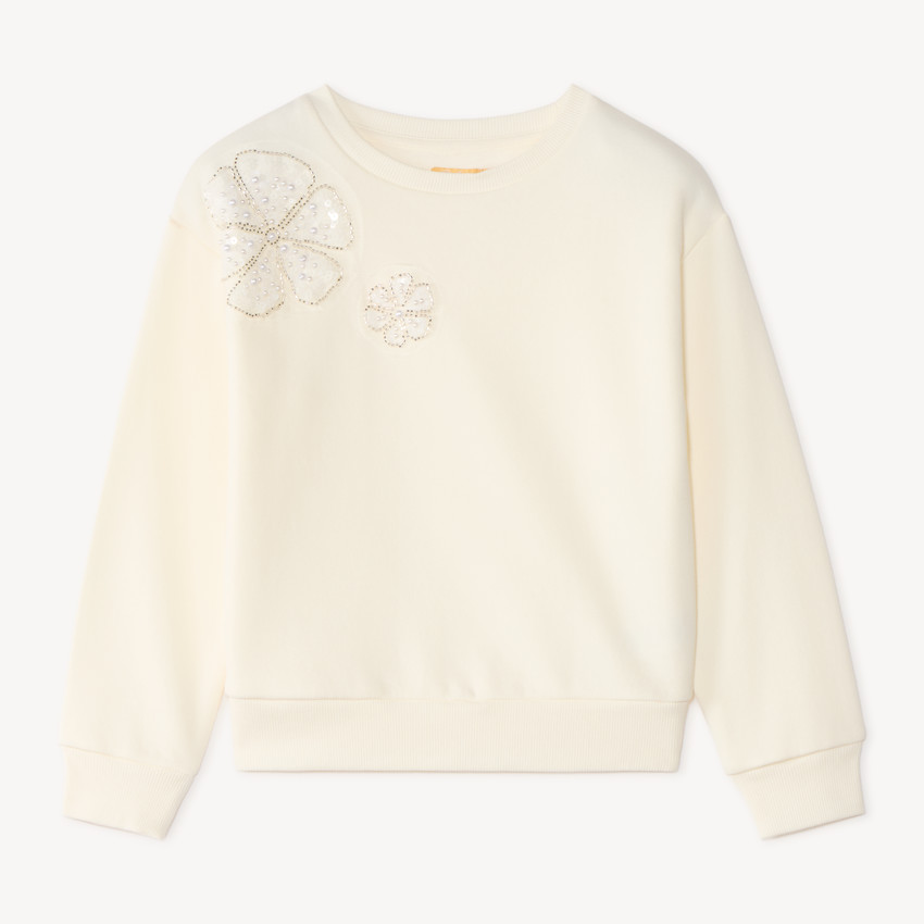 Sweat fille en molleton motif fleurs en perles