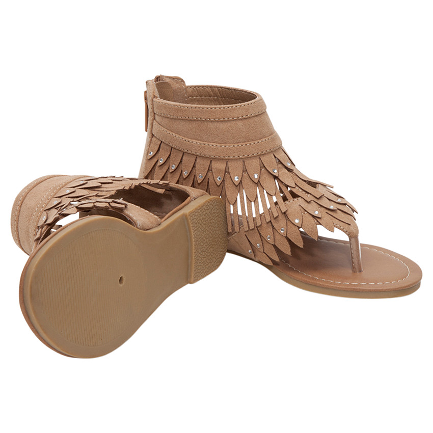 Nu-pieds effet daim camel à franges 