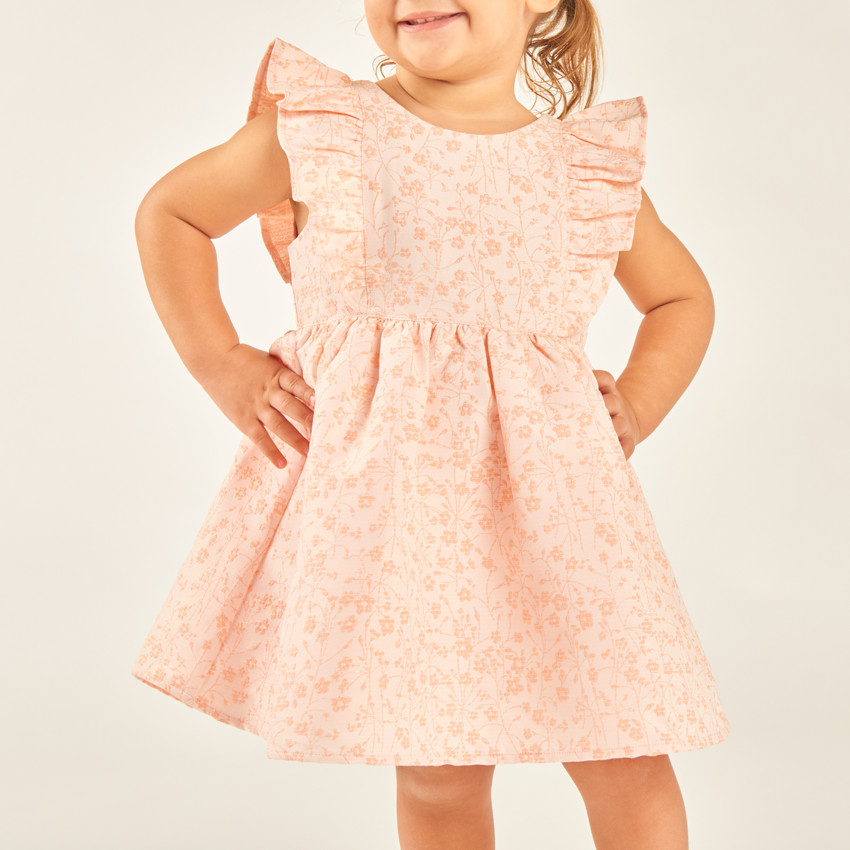 Robe manches courtes volantée à motifs fleuris en jacquard pour bébé fille 