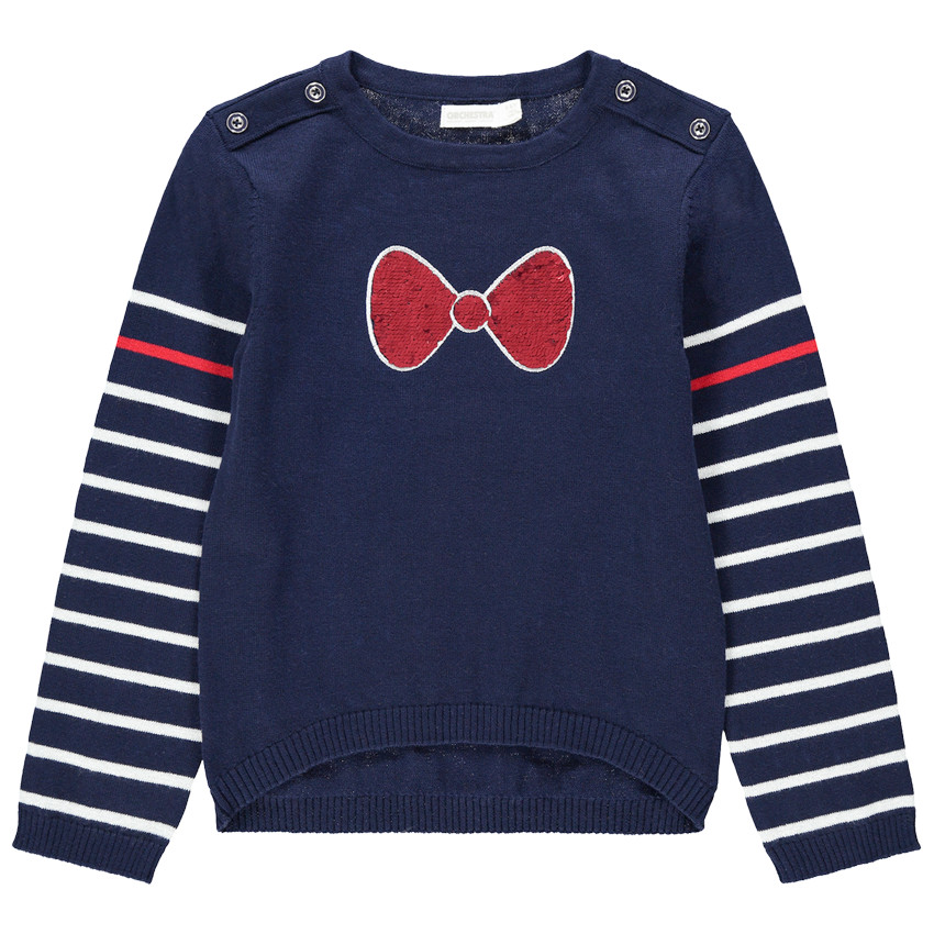 Pull en tricot esprit marinière avec noeud en sequins 