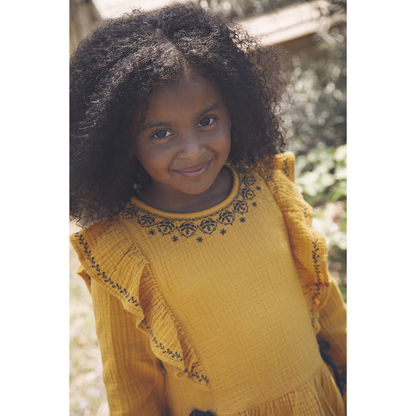 Tunique manches longues jaune en gaze de coton pour enfant fille 