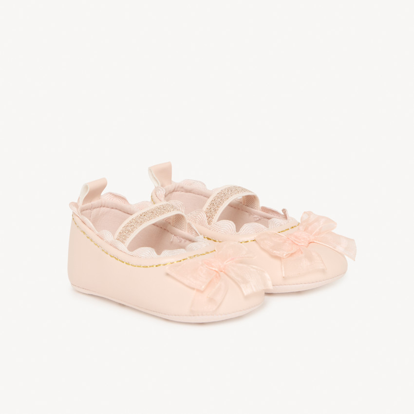 Babies rose clair avec nœuds en tulle pour bébé fille