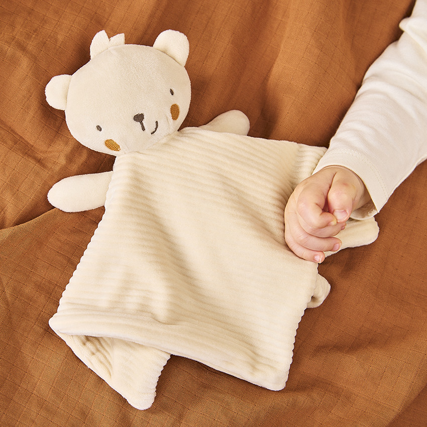 Doudou plat en velours côtelé ourson pour bébé 