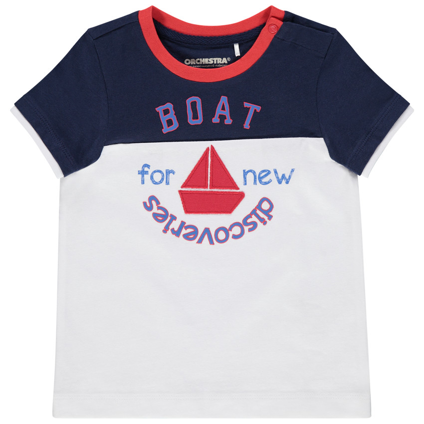 T-shirt manches courtes bicolore en coton à bateau brodé 