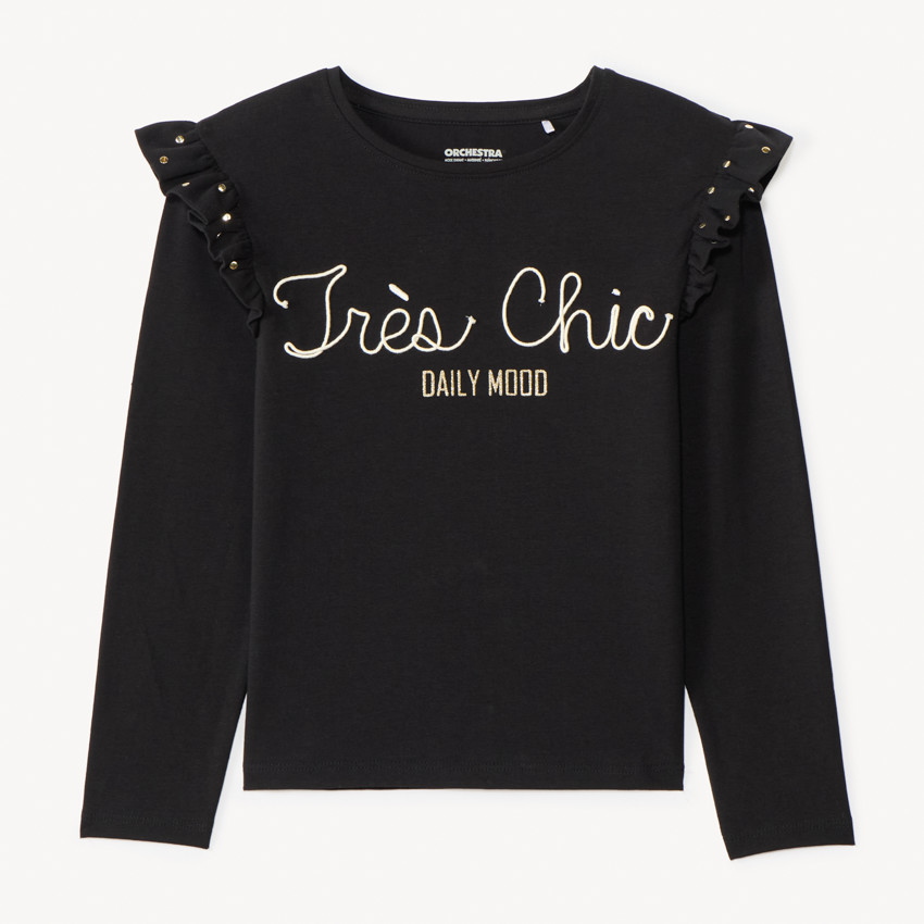 T-shirt manches longues en cording et volants pour fille