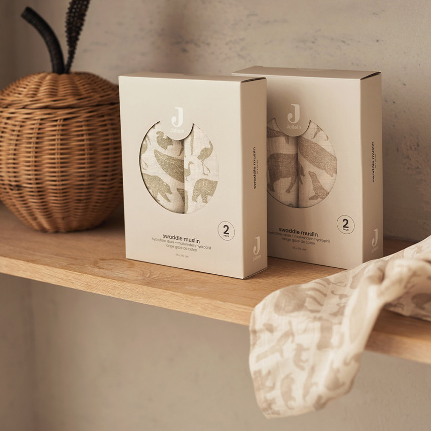 Lot de 2 langes en gaze de coton 115 x 115 cm Animals nougat 