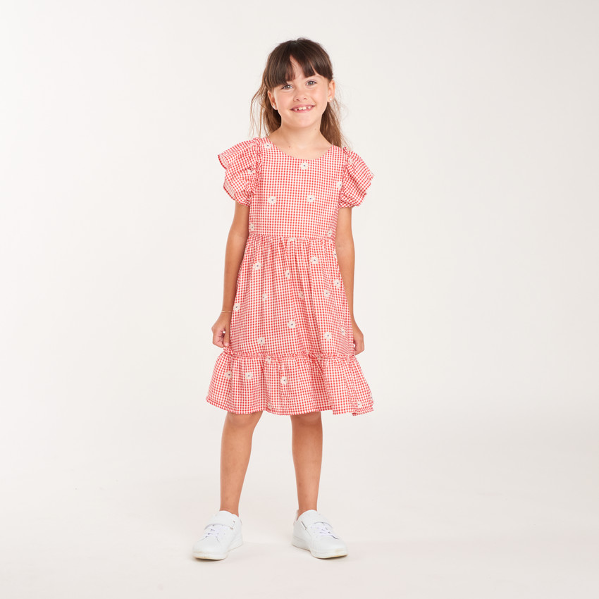 Robe fille à motif vichy et manches courtes volantées