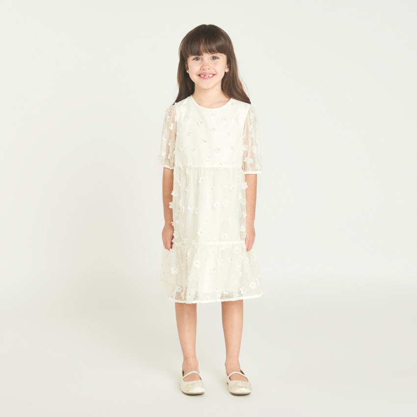 Robe à manches courtes en toile avec fleurs 3D pour fille