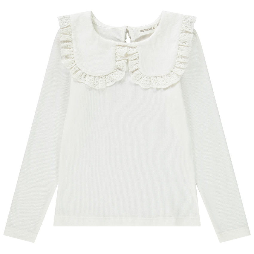 T-shirt manches longues côtelé à col brodé pour fille