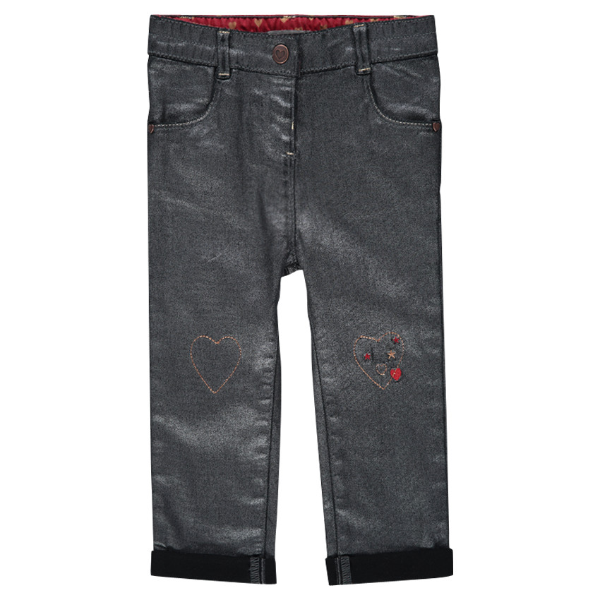 Jeans enduit argenté avec coeurs et message brodés 