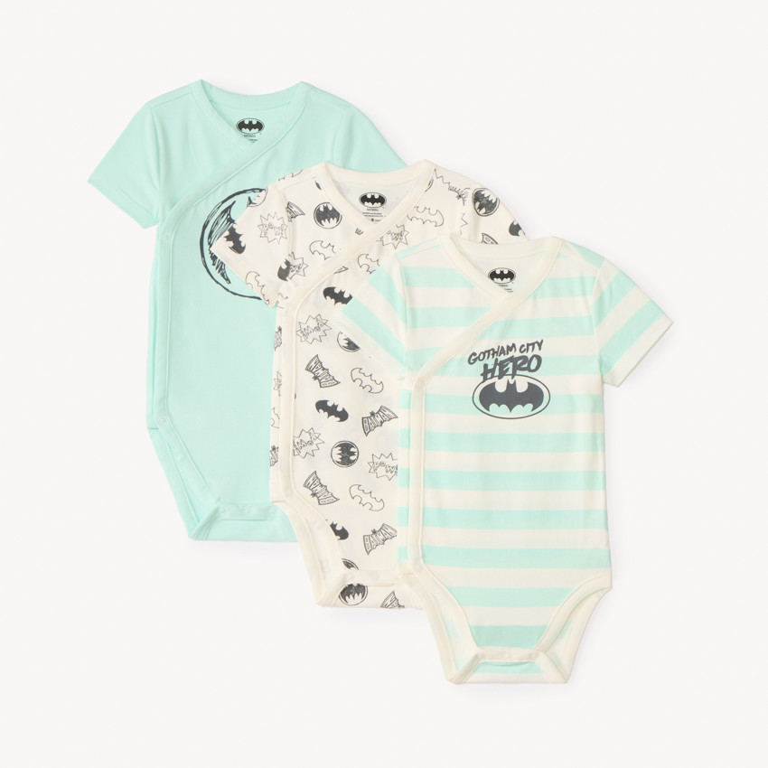 Lot de 3 bodies manches courtes Batman Warner pour bébé garçon avec ouvertures différentes selon l'âge