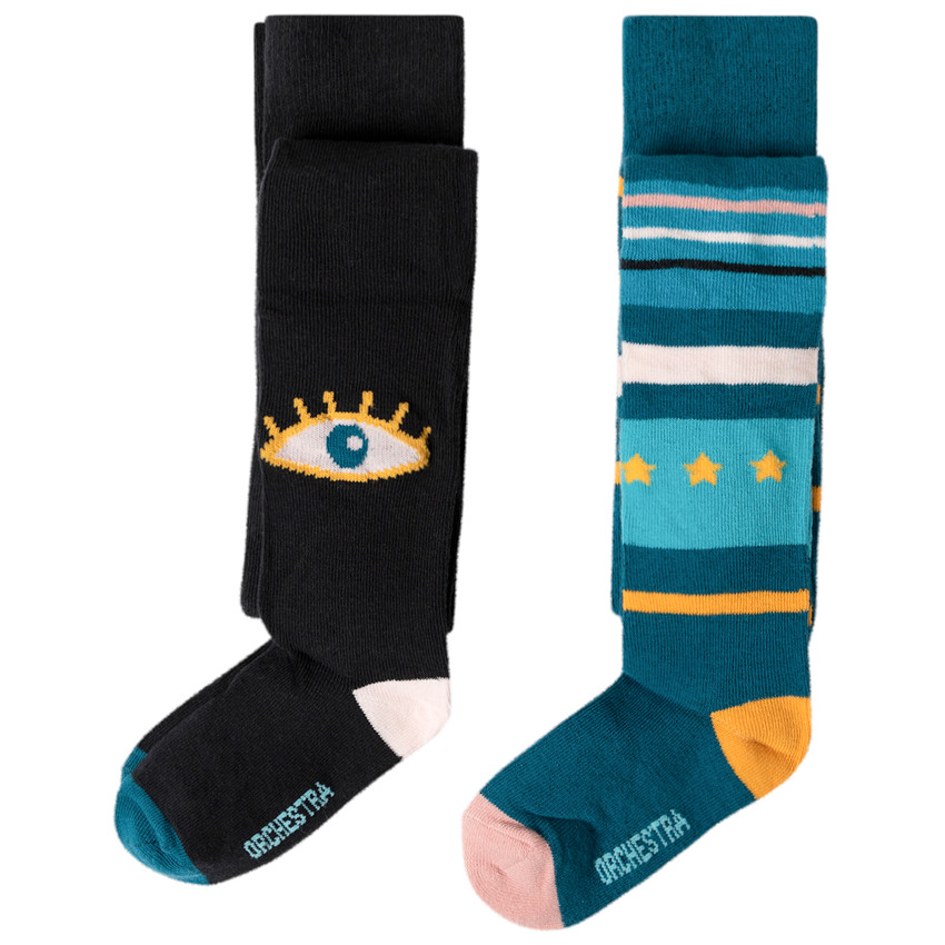Lot de 2 collants épais motif oeil et rayures 