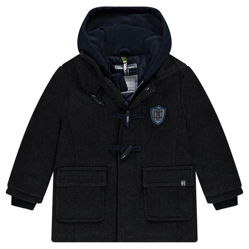 Duffle coat en drap de laine à chevrons avec capuche molleton 