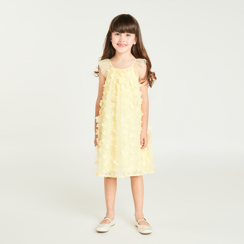 Robe uni en tulle et satin avec petites fleurs 3D pour fille