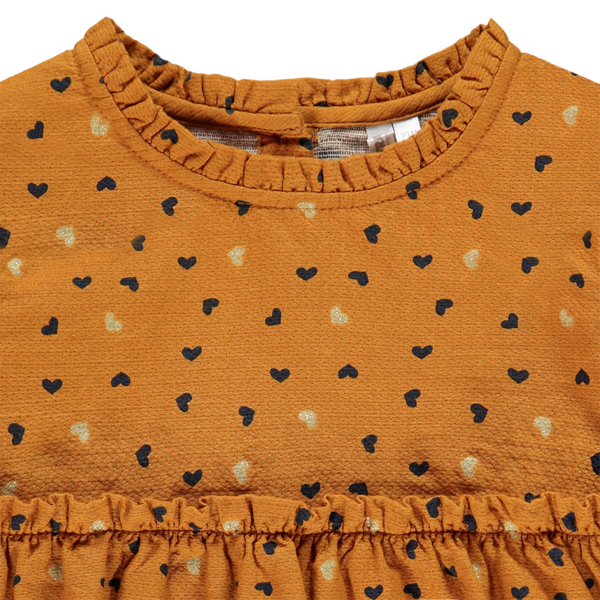 Tunique manches longues moutarde imprimée coeurs pour bébé fille 