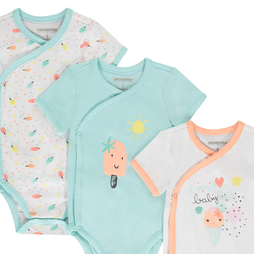 Lot de 3 bodies manches courtes fantaisie pour bébé fille - Ouvertures différentes selon l'âge 