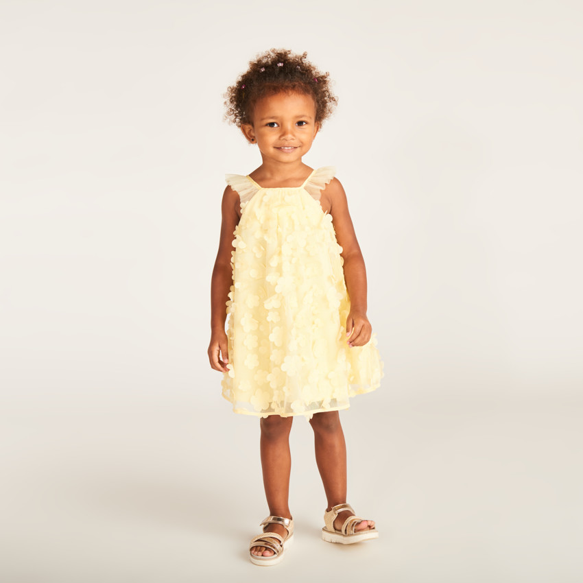 Robe uni en tulle et satin avec petites fleurs 3D pour bébé fille
