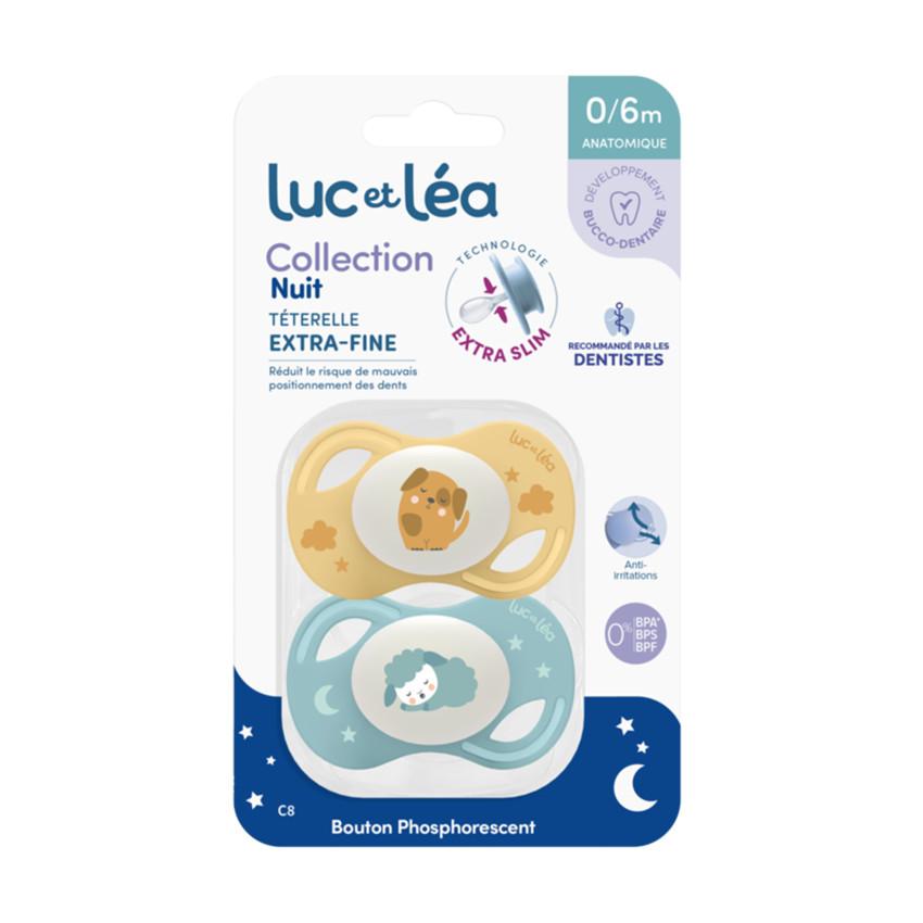 Lot de 2 sucettes silicone Extra-fines Nuit 0-6M chien/mouton 