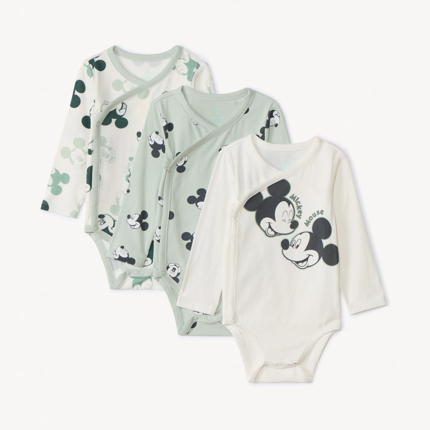 Lot de 3 bodies manches longues imprimé Mickey Disney pour bébé garçon avec ouvertures différentes selon l'âge - Ecru