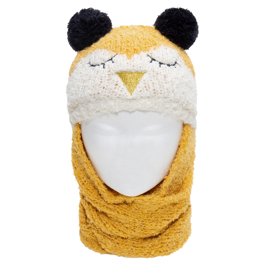 Bonnet écharpe en tricot motif oiseau avec oreilles forme pompons 