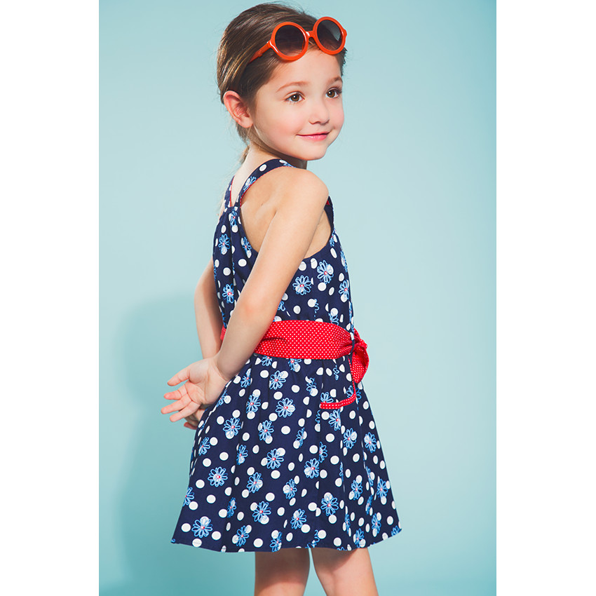 Robe sans manches imprimée fleurs et pois avec ceinture à nouer 
