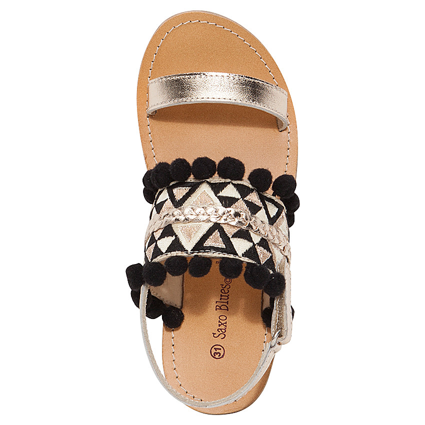 Nu-pieds dorés en cuir style ethnique avec pompons 