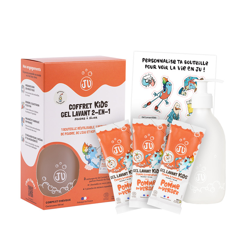 Coffret découverte gel lavant 2 en 1 en poudre 3 recharges + 1 flacon + stickers 