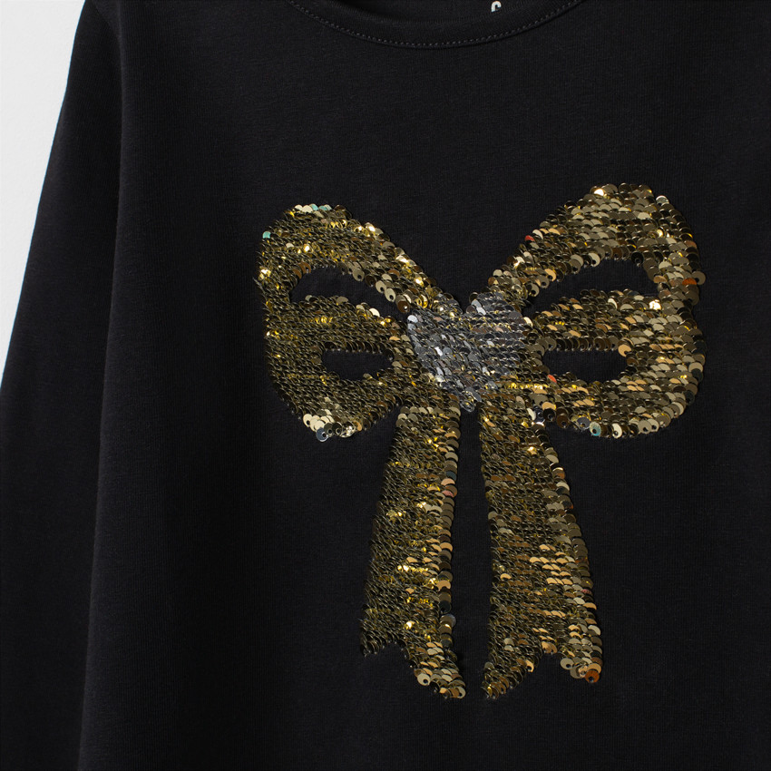 T-shirt manches longues à noeud en sequins argentés pour enfant fille 